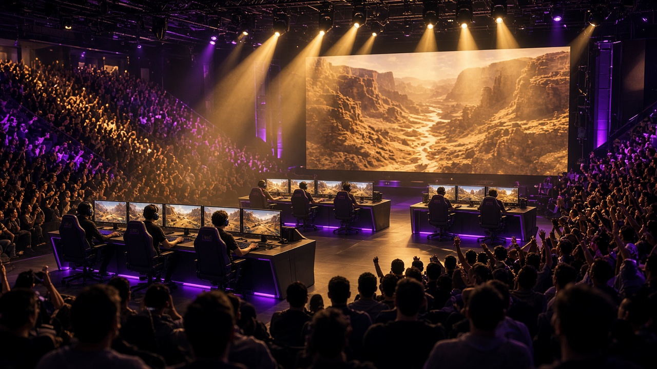 Battle royale arena washed in gold and violet light