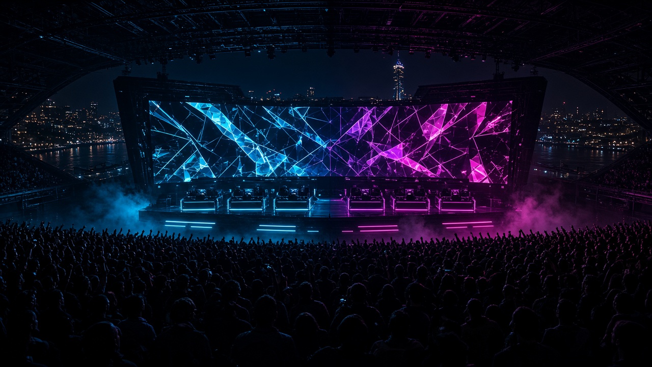 Night esports arena beside the water, with a geometric cyan and magenta stage