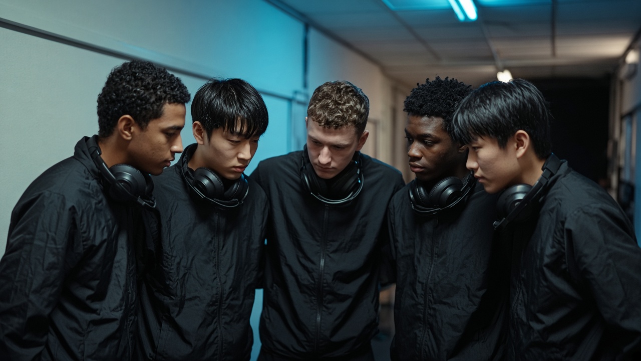 Five players in plain jackets gathered before a match