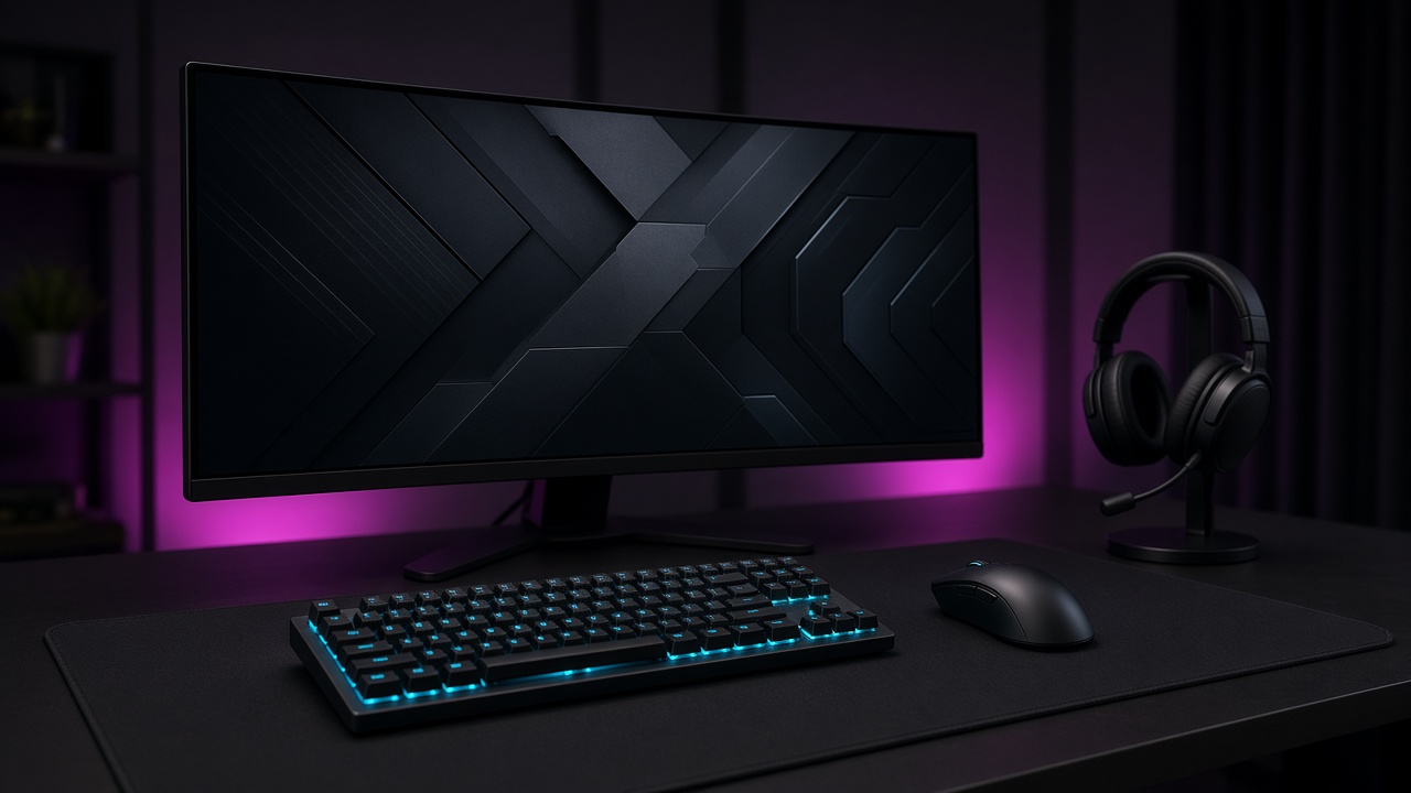 Dark esports desk with an ultrawide monitor, keyboard, mouse, and headset