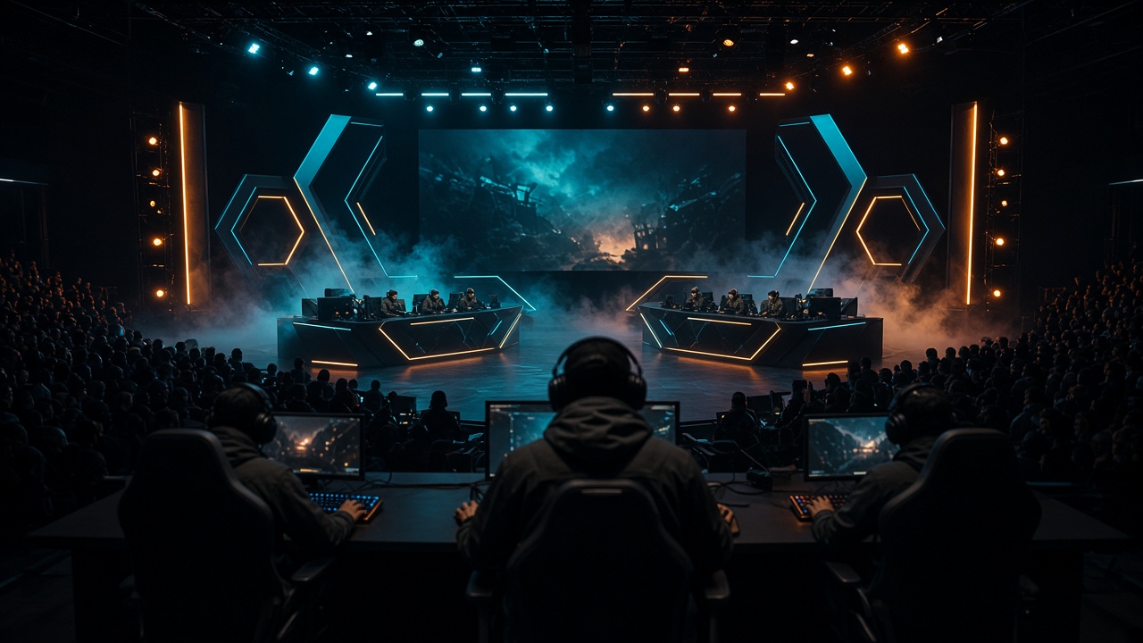 Tactical stage with teal light and players at their stations