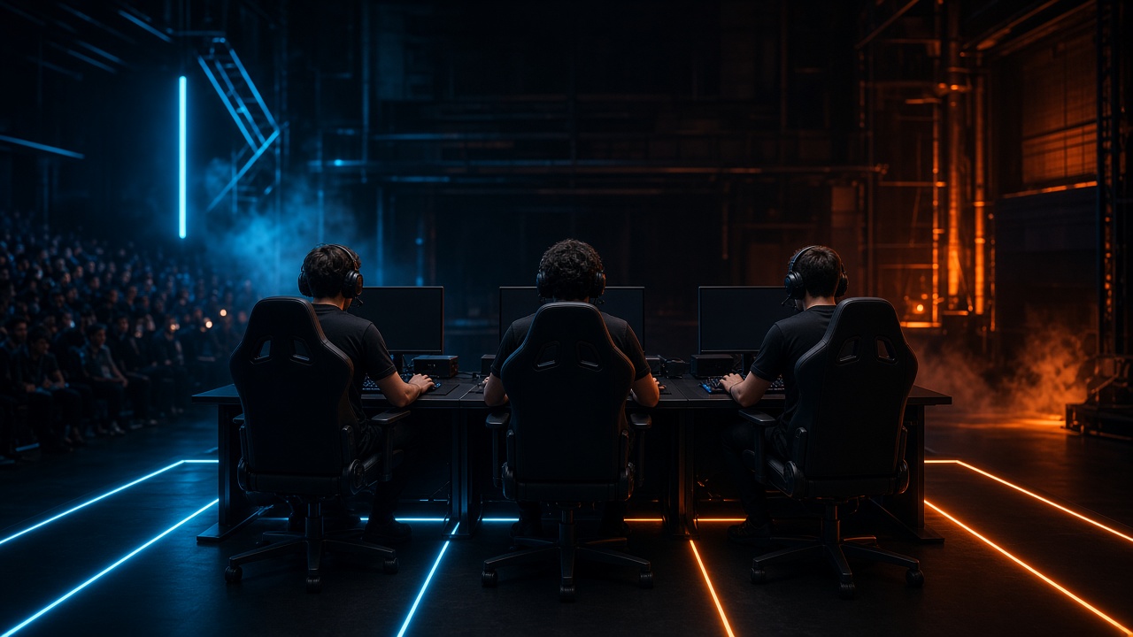 Three players at a tactical shooter stage under orange and cyan light