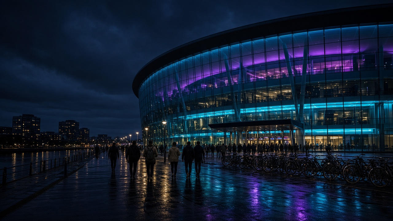 Glass arena beside a canal at night
